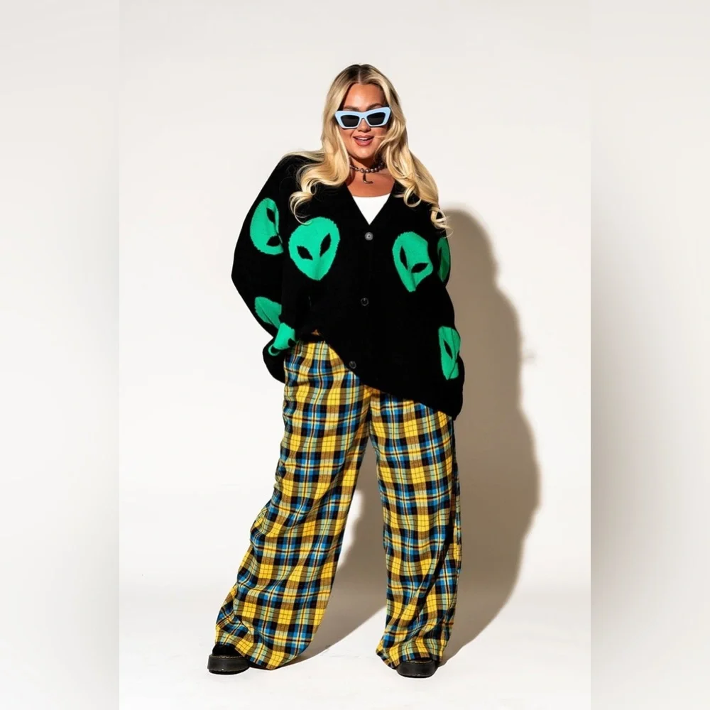 Dressed in LALA Black Cardigan with Neon Green Alien Heads - Picture 1 of 13